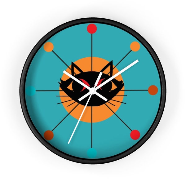 Mid Century Modern, Atomic Cat, Starburst CLOCK, Retro Teal Blue, Orange Mid Mod Kitchen, Dining Room Wall clock