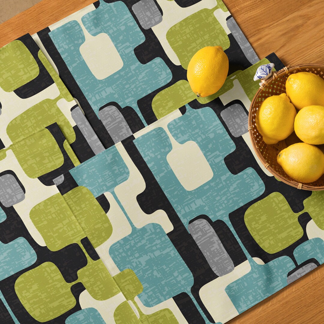 Mid Century Modern Placemat Set, Geometric Designs, MCM Black, Gray