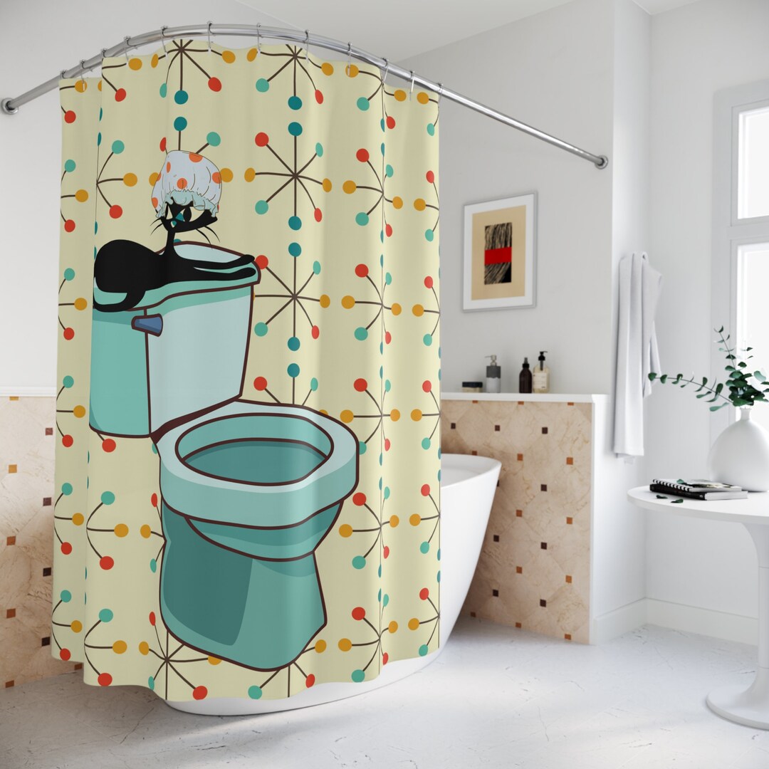 Mid Century Modern Designed Shower Curtains Atomic Clock, Kitschy