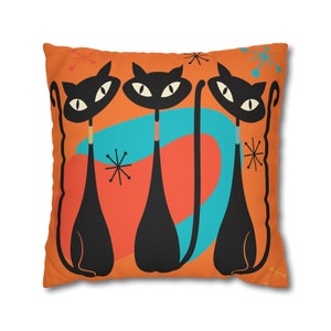 Mid Century Pillow Cover, Orange, Atomic Cats, Cat Mom, Cat Lover, Black Cat Pillow Pillow Cushion Mod Style By Mid Century Modern Gal