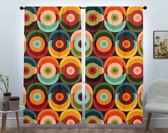 Mid Century Modern Curtains, Retro Groovy, Orange, Yellow, Teal, Green, Orange Window Curtains (two panels)
