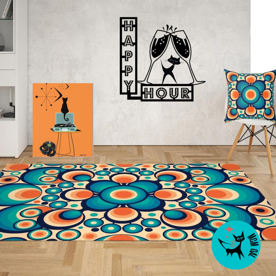 60's 70's Retro Rug With Blue, Teal, Orange, Geometric Orbs, Mid Mod ...
