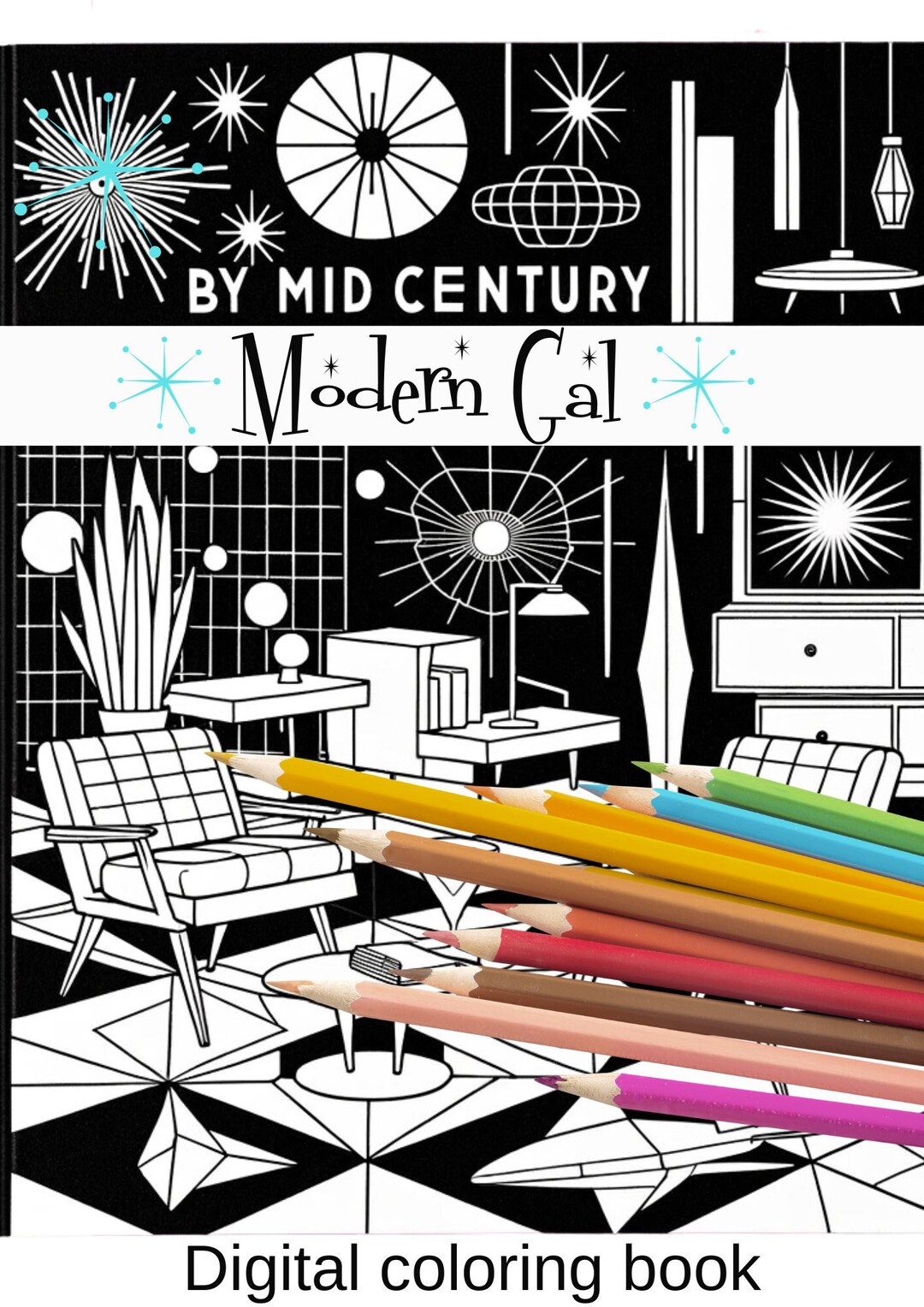 Mid Century Modern Coloring Book Digital Download, Kitschy Fun Retro