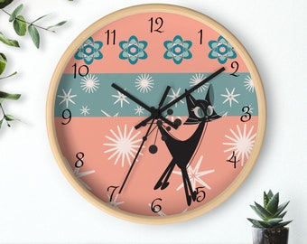 Atomic Cat Wall Clock, Mid Century Modern Kitschy 50s Style, Livingroom, Bedroom, Kitchen MCM Wall Clock