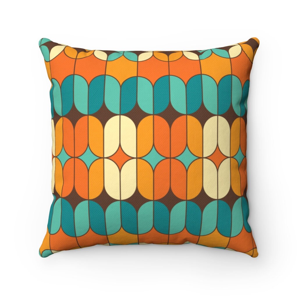 Mid Century Modern Orange Teal and Cream Geometric Multi color Retro MCM Home Decor Spun Polyester Square Pillow Etsy Canada