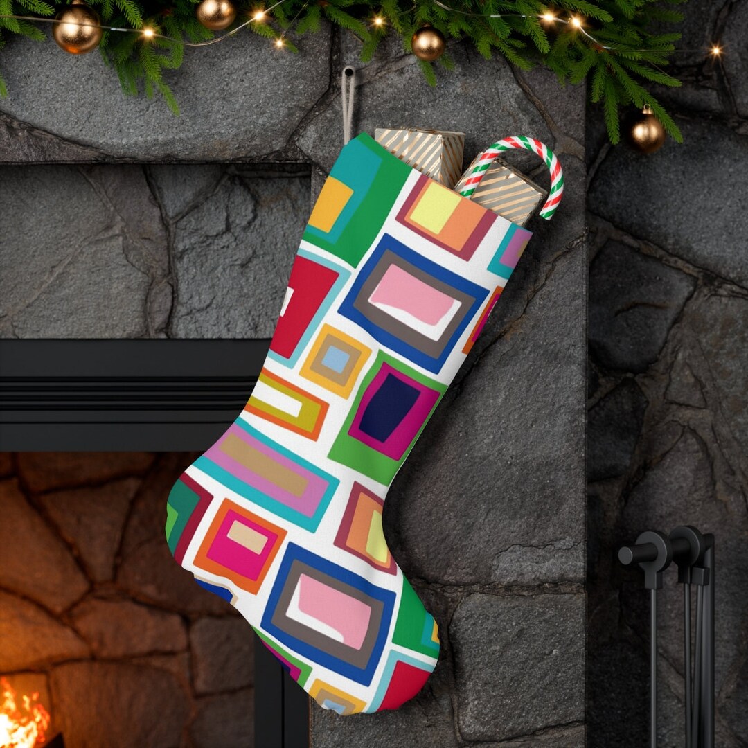 Mid Century Modern Christmas Stocking, Geometric, Blue, Green, Red