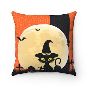 Retro Hexagon Orange, Black Atomic Cat Spooky Halloween Spun Polyester Square Pillow