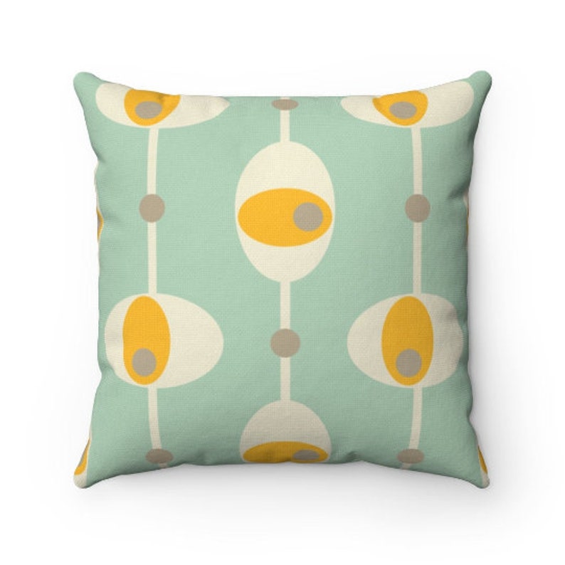 Abstract Mustard Yellow Cream and Minty Green Retro Mid Century Modern Spun Polyester Square Pillow