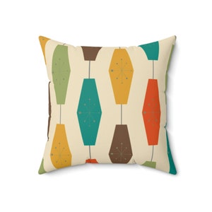 Mid Century Modern, Retro Geometric, Lantern Lights, Starburst Brown, Teal, Mustard Yellow, Orange, Groovy Pillow And Insert