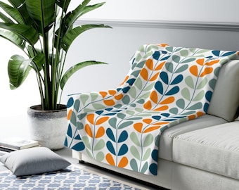 Retro Blanket, Scandinavian Danish Folk Art Floral Retro Mint, Blue, Orange Sherpa Fleece Blanket