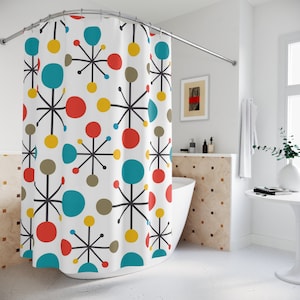 Retro Shower Curtain, Atomic Mid Century Modern Teal, Green, Yellow, Starburst Clock MCM Home Decor Shower Curtains