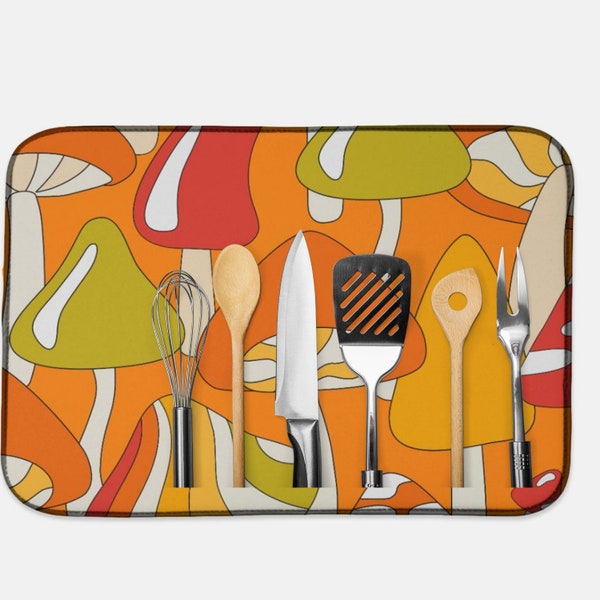 Cadeaux de champignons, tapis à vaisselle MCM rétro Groovy des années 1970, vert, orange