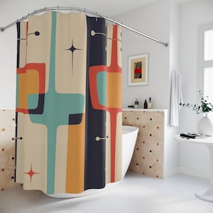 Mid Century Modern Curtain, Geometric, Atomic Starburst, Slate Gray, Mustard Yellow, Beige, Coral, Abstract Retro Bathroom Shower Curtain