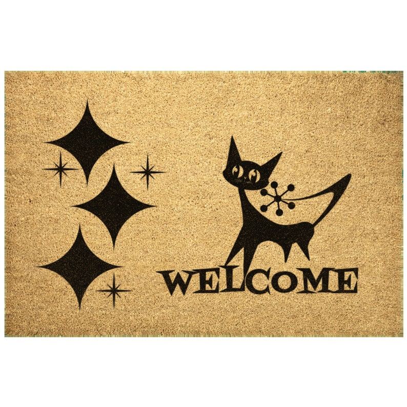 Atomic Cat Retro Welcome Astro Diamond Star Burst Mid Century Modern MCM Mid Mod Welcome Door Mat image 1