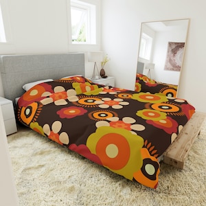 Flower Power, 1970's Groovy Brown, Orange, Green, Retro Hippie Vibes, Funky Fun Queen Duvet Cover