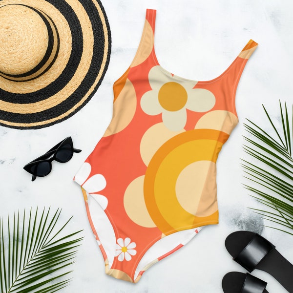 Flower Power Groovy 70's Orange Ombre Retro One-Piece Swimsuit