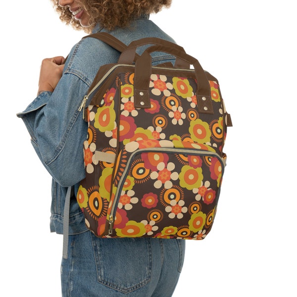 Flower Power, Groovy 70's Chocolate Brown, Green, Orange, Daisy Floral Baby Diaper Bag, Backpack