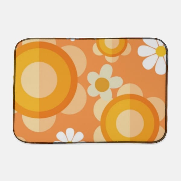 60's Vibe, Orange White, Flower Power, Mod Daisy, Appliance, Coffee Mat, Kitchen Drying MatDish Mat