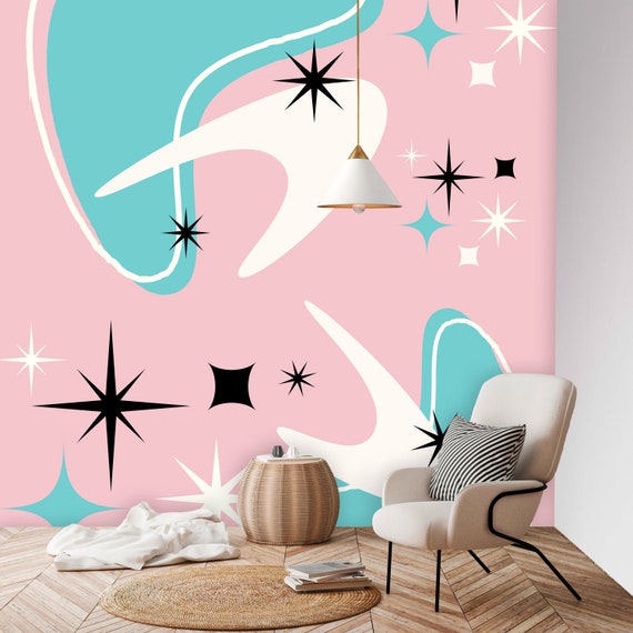 Atomic Boomerang Peel and Stick Wallpaper, 1950's Pink, Aqua Blue,  Starbursts Retro Wall Mural MCM Mid Mod Decor 