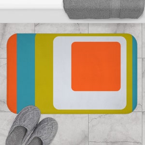 70's Bathroom Decor, Hipster, Hippie,  Modern Retro Green, Orange, White, Teal Blue MCM Home Decor Bath Mat