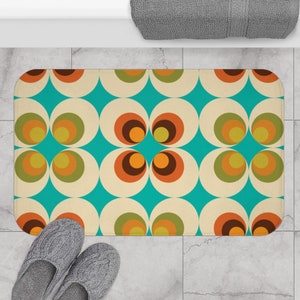 70's Retro Orange Teal Mustard Yellow Brown Mid Modern Boho Bath Mat