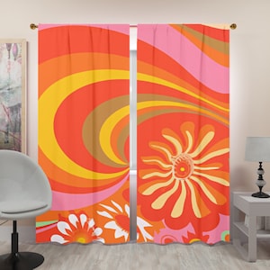 70s Curtains Groovy Swirl, Flower Orange, Pink, Yellow, Mid Mod, Window Curtains (two panels)