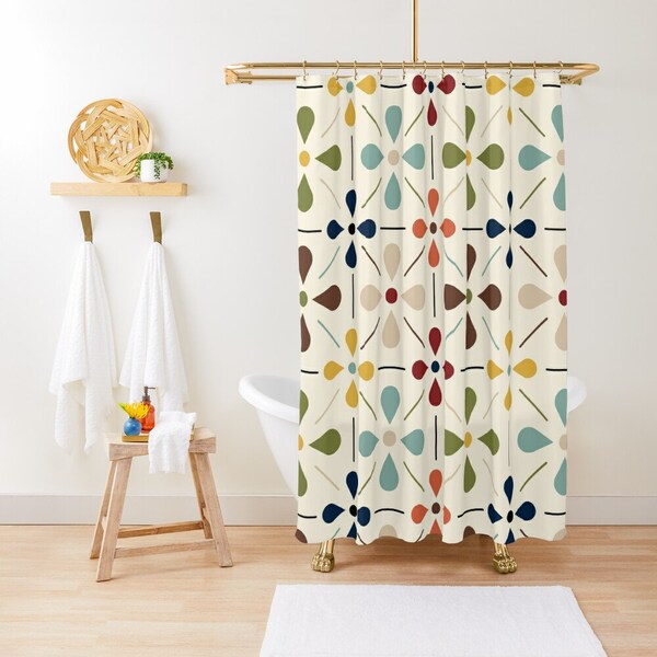 Mid Century Mod, Retro Scandinavian Flower, Green, Brown, Beige, Yellow, Teal Floral, Mid Century Modern MCM Shower Curtain