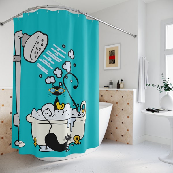 Atomic Cat, Aqua Blue, Retro Shower Curtain, Whimsical, Cute Mid Century Modern Bathroom Decor