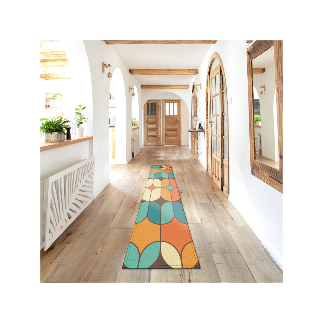 Mid Mod Rug Runner Bold Orange Teal Retro Geometric Entry - Etsy
