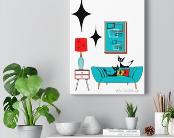 Black Cat Art, Mid Century Modern Wall Art, Atomic Cat Living Room Retro. Teal Blue, Red, Black Canvas Art