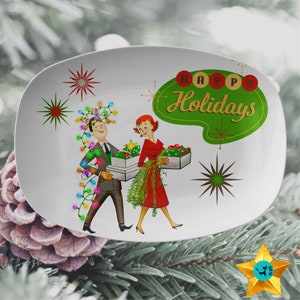 Retro Christmas Platter, 50's Atomic Happy Holidays Kitschy Christmas Party Gift