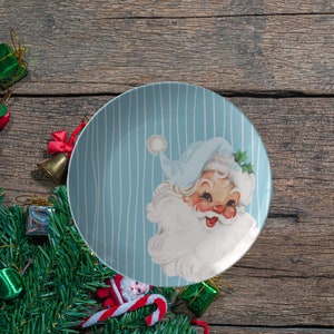 Old Timey Santa 50's, Retro Blue, Mid Century Modern Christmas Plates