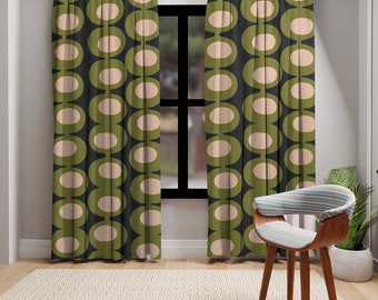 Mid Century Modern Atomic Olive Green, Black, Googie, Groovy Mod Retro Window Curtains (1 Piece)
