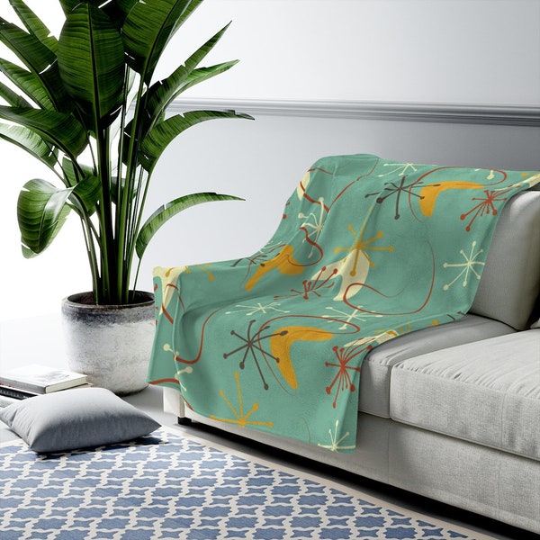 Mid Century Modern Atomic Boomerang Green, Mustard, Cream and Rust Retro THIN Velveteen Plush Blanket