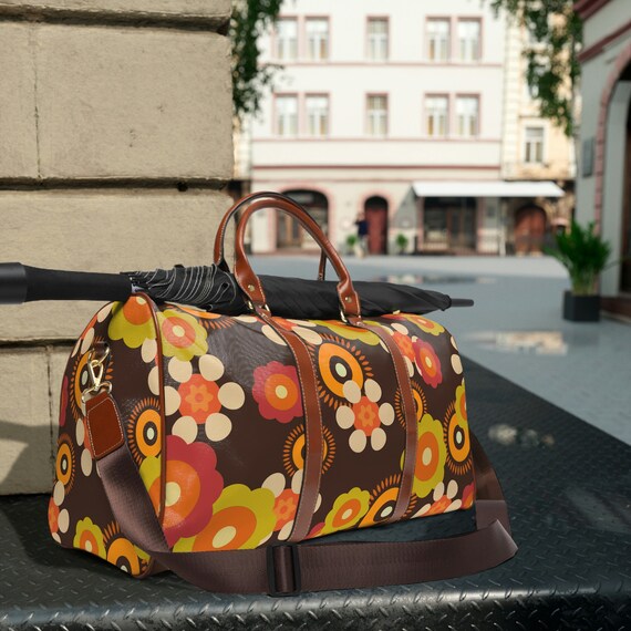 Flower Power Groovy Travel Bag Weekender Hipster Mod Daisy Brown Orange Green Hippie 70 s Style Waterproof Travel Bag Etsy