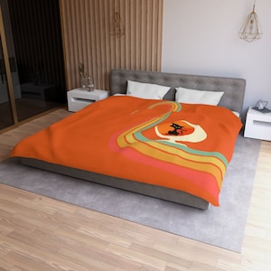 Atomic Cat, Mid Mod Retro Duvet, Black Cat in Egg Chair and Rainbow Mid Century Modern Orange Microfiber Duvet Cover