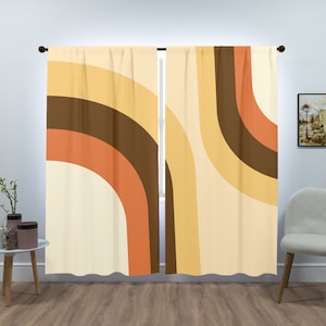 Retro Boho Rainbow, Mid Century Modern (Double Panel) Curtains, Beige, Brown, Orange Mid Mod, MCM Groovy Home Decor