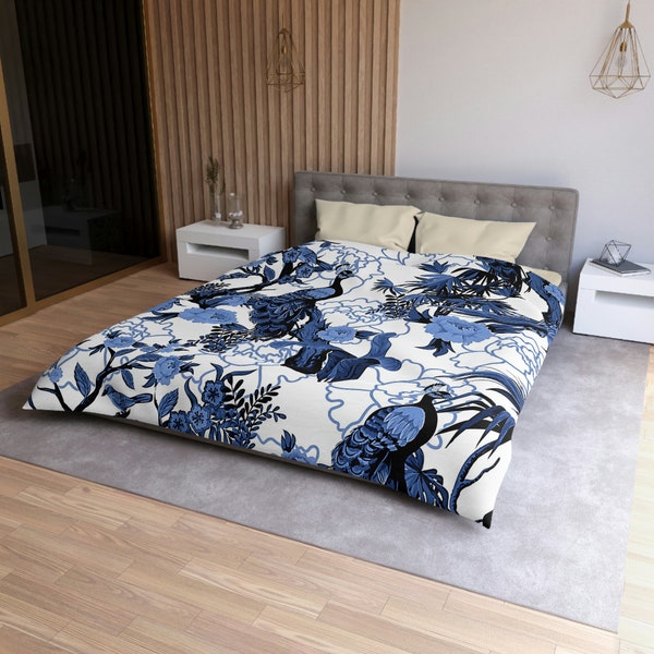 Chinoiserie Floral Elegant, Bold, Floral, Peacock, Blue Willow, Navy Blue White Chinoiserie Queen Or King Custom Duvet