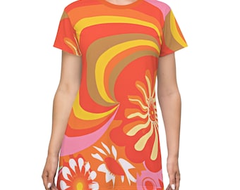 Robe de soirée années 70, vague groovy, Flower Power, hippie, ambiance hipster, orange, jaune, rose, robe t-shirt