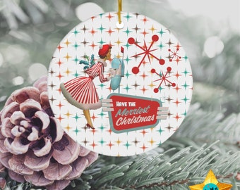 50's Atomic Christmas Party Gift ,Retro Kitschy Christmas Ceramic Ornament