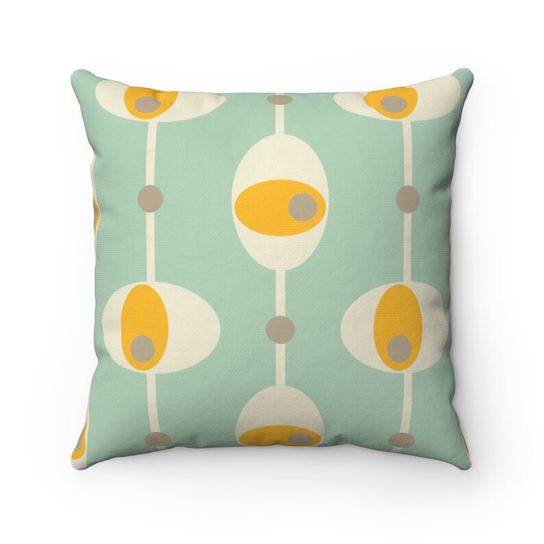 Abstract Mustard Yellow Cream and Minty Green Retro Mid Century Modern Spun Polyester Square Pillow