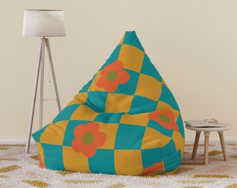 Checkered Bean Bag COVER,  Mustard Yellow, Teal, Burnt Orange Groovy Flower Power, Y2K Aesthetic, Game Room, 70s Living Room, Mid Mod Retro