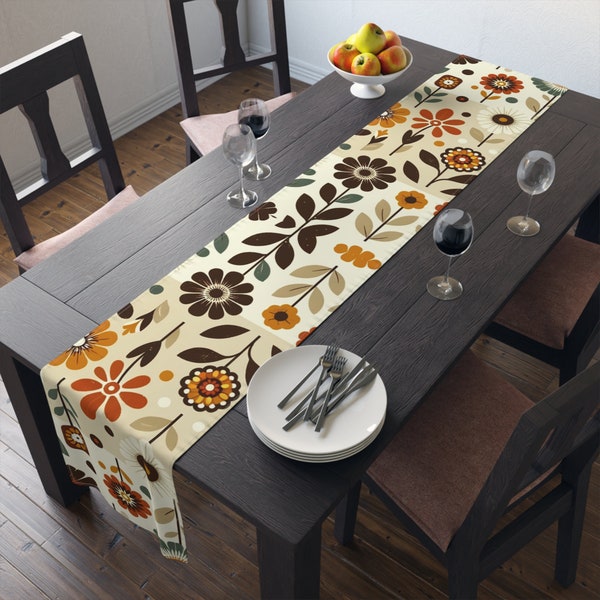 Modern Danish, Retro Floral Table Runner, MCM Brown, Mustard Yellow, Olive Green, Mustard Yellow Folk Art Flower Table Linens
