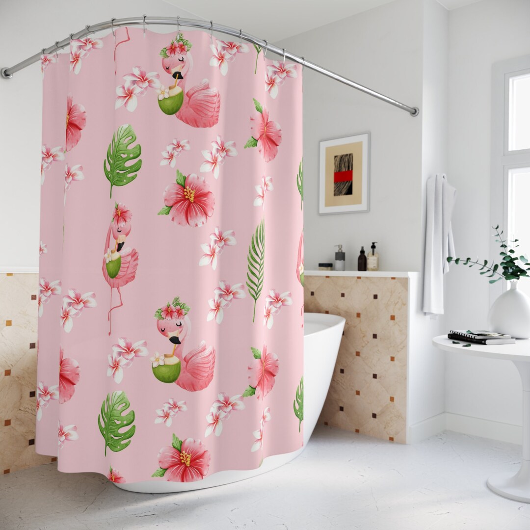 50s Style Flamingo Shower Curtain, Pretty Pink, Tropical Kitschy