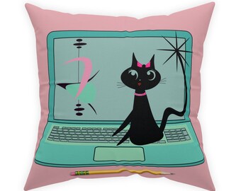 Mod Cat, Atomic Pink, Boomerang, Retro Techie Girl, Office Gift, Mid Century Modern Broadcloth Pillow