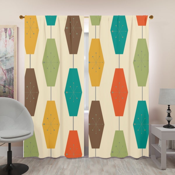 Mid Century Modern, Geometric, Groovy, Lantern Lights, Beige, Teal, Green, Mustard Yellow, MCM Retro Mid Mod Window Curtains (two panels)