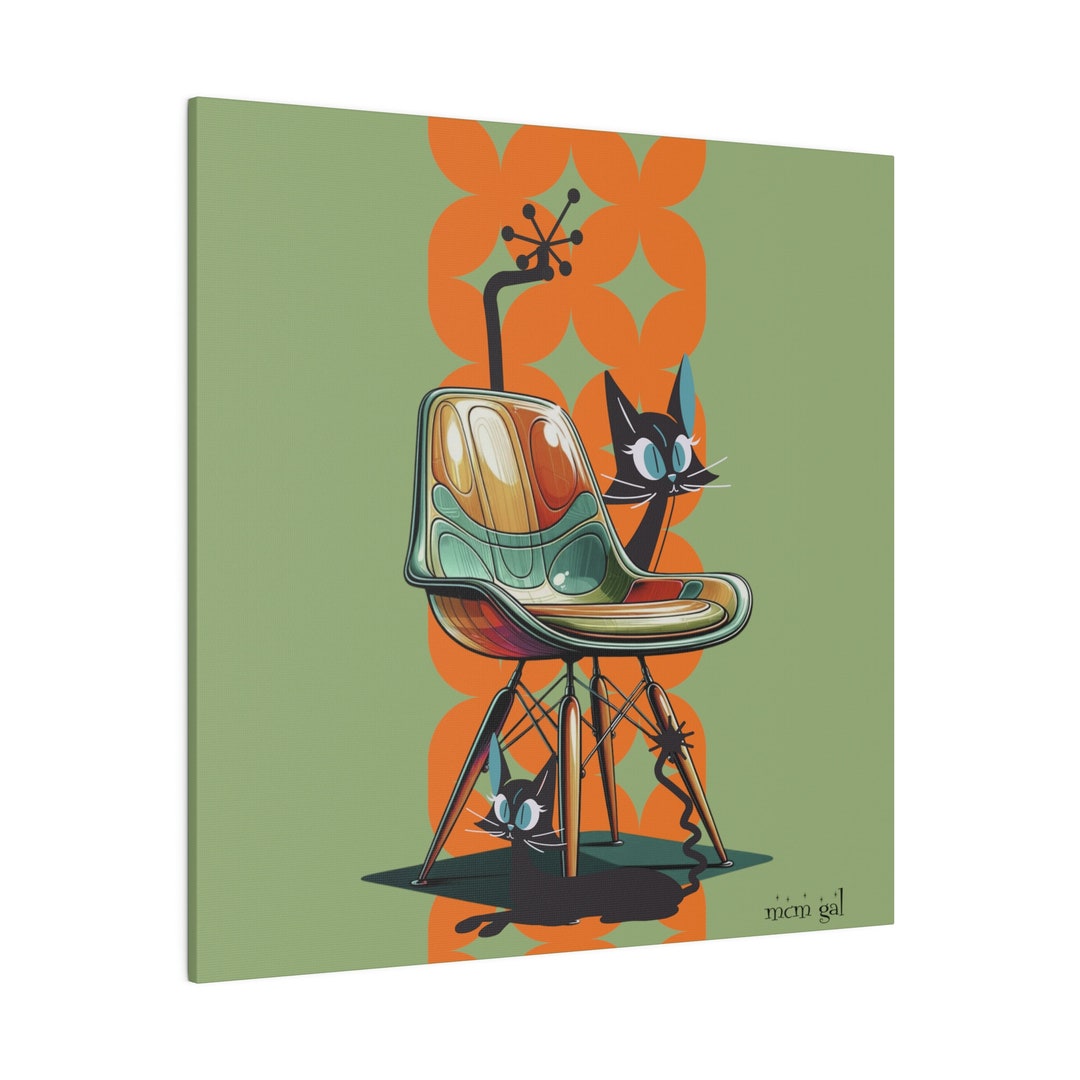 Atomic Cat Wall Art, Green, Orange, Breezeblock, MCM Chair, 1950s, 60s