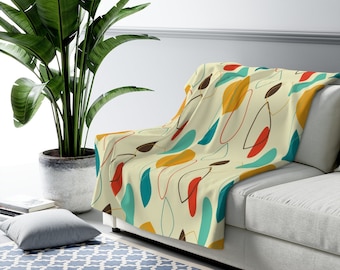 Mid Century Modern Blanket, Abstract Mustard and Teal Retro Sherpa Fleece Soft and Cozy Blanket Gifts