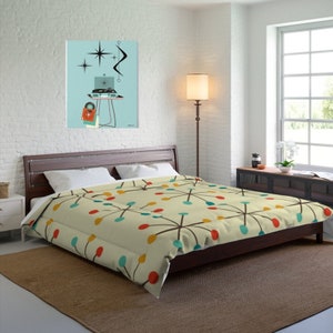 Mid Century Modern, Beige, Atomic Clock, Retro Bedding, King Or Queen 50's Style Mid Mod MCM Bedding