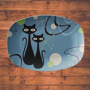 Retro Atomic Black Cat Indigo Blue Mid Century Modern Platter